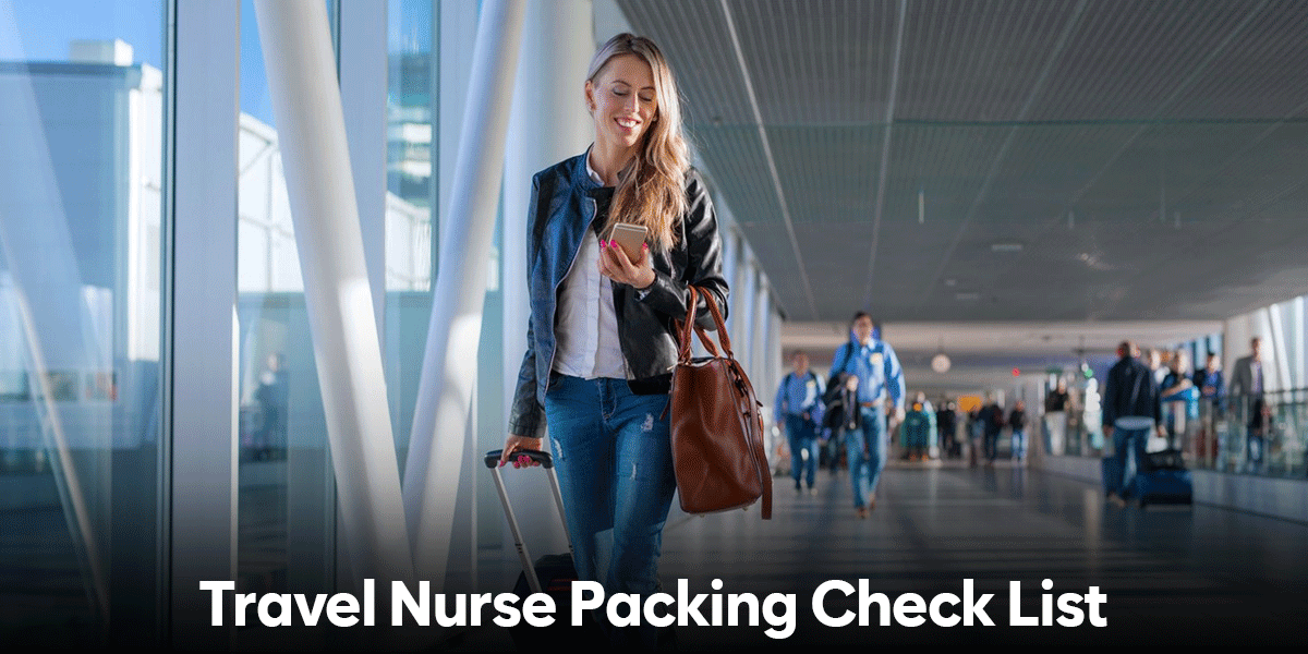 image of nurse in airport with her packing checklist